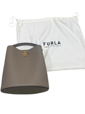 Furla Danae Taupe Pebbled Leather mini Bucket Bag turnlock guitar shoulder strap